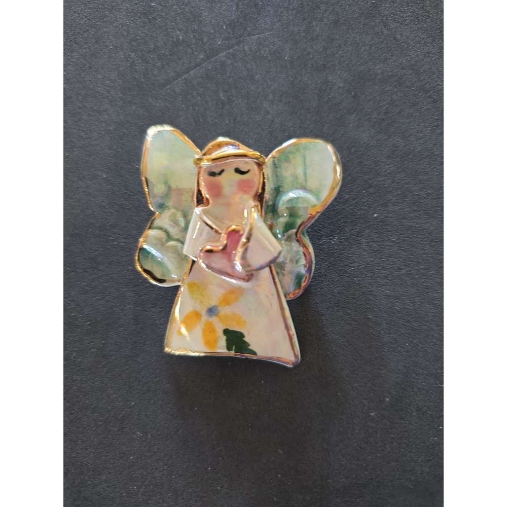 Vintage Glass Angel Holding A Heart Brooch Pin Handcraf Kiln Fired Jewelry 2x1.5
